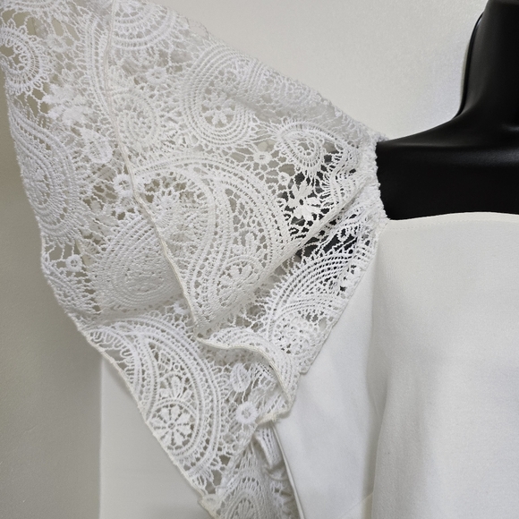 BOSTON PROPER Square Neck Crochet Ruffle Sleeve Stretch Blouse Large Off-White - Picture 6 of 16